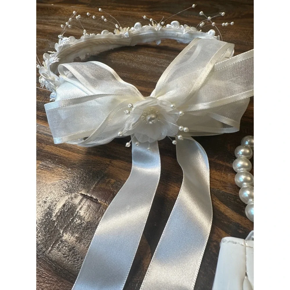VTG. White Flower Crown Communion Accessory Set Floral Headpiece‎ & Pearl Purse
